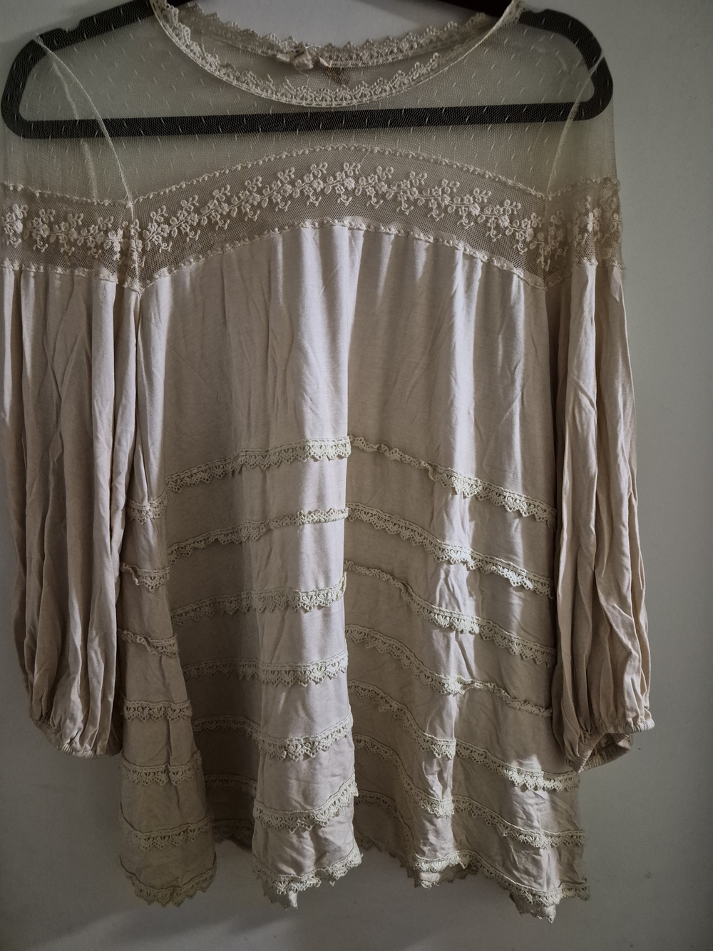Boho Lace Yoke Peasant Blouse in Light Beige